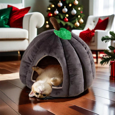 3D PUMPKIN PET HOUSE – SEMI-ENCLOSED WINTER CAT HOUSE WITH REMOVABLE BOTTOM, NON-SLIP BASE & WASHABLE SOFT PP COTTON MAT