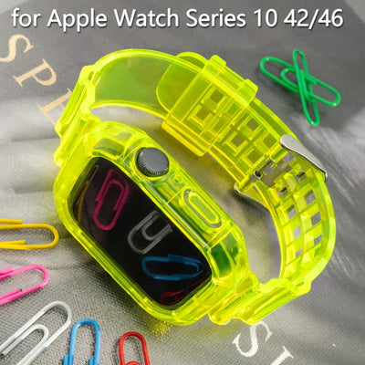 Silicone Band+Case for Apple Watch 10 42 46mm Strap 44/45MM 41/40mm Transparent Bracelet For Iwatch Series 9 8 7 6 Se 5 Correas