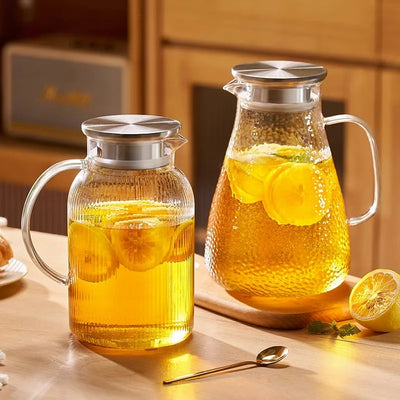 1.6L Heat Resistant Glass Cold Water Kettle And Cups Transparent Stripe Coffee Teaware Stainless Steel Lid Jug Kitchen Accessory