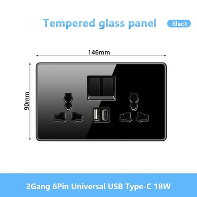 Black UK 18W Type-C Quick charge Socket Universal Double 3pin USB Power Outlet,220V Electrical Wall LED Light 2way Switch TV TEL