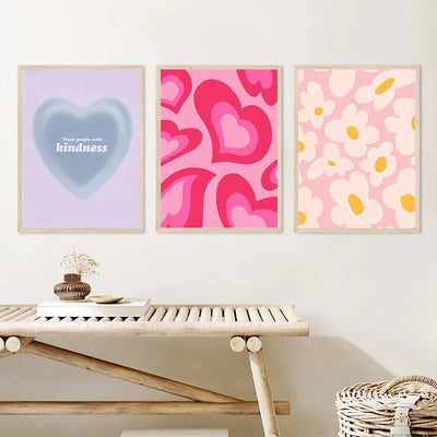 Abstract Pink Purple Danish Pastel Love Heart Cherry Butterfly Poster Nordic Bedroom Wall Aesthetic Art Print Picture Room Decor