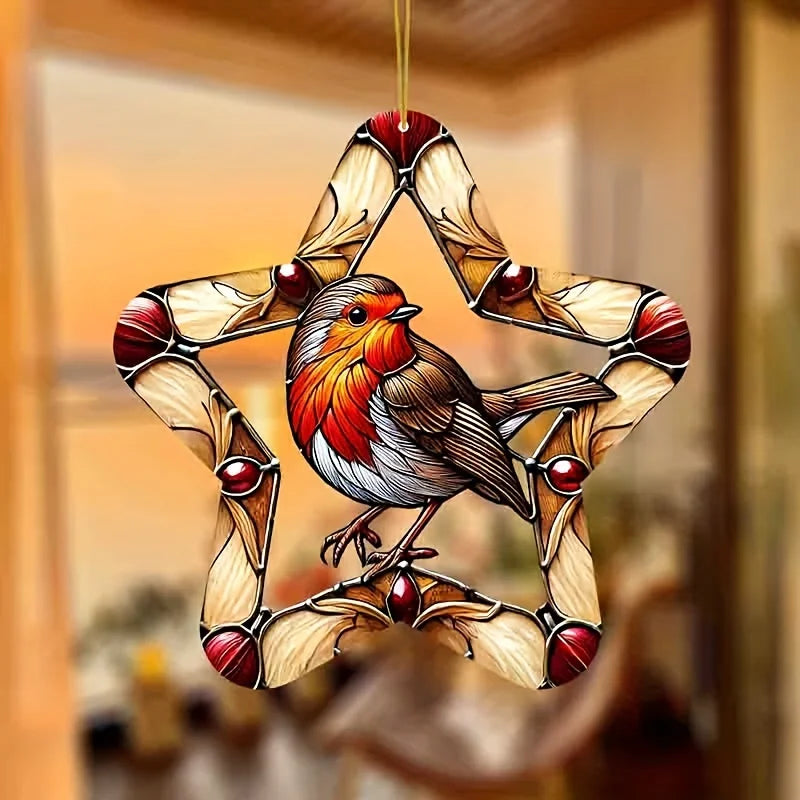 Vibrant Robin Bird Garden Light Catcher 8 inches Colored glass style window hanging decoration with hemp thread loop