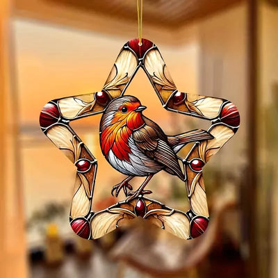 Vibrant Robin Bird Garden Light Catcher 8 inches Colored glass style window hanging decoration with hemp thread loop