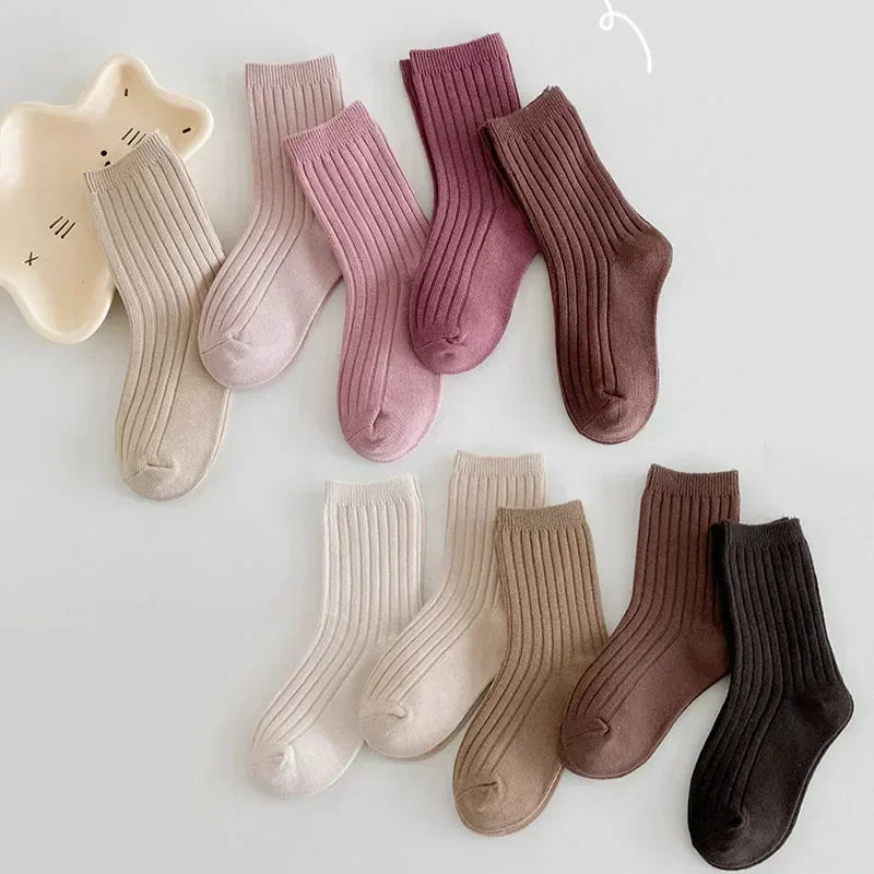 5 PAIRS/LOT SOLID COLOR STRIPED COTTON KIDS SOCKS – BREATHABLE KNITTED TODDLER CREW SOCKS FOR BOYS & GIRLS (1–8 YEARS)