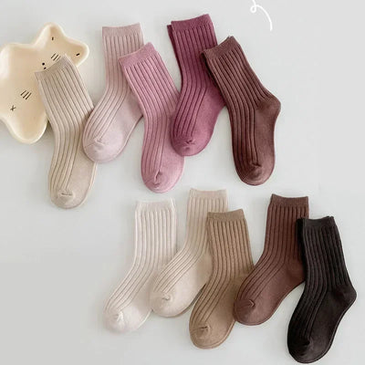 5 PAIRS/LOT SOLID COLOR STRIPED COTTON KIDS SOCKS – BREATHABLE KNITTED TODDLER CREW SOCKS FOR BOYS & GIRLS (1–8 YEARS)