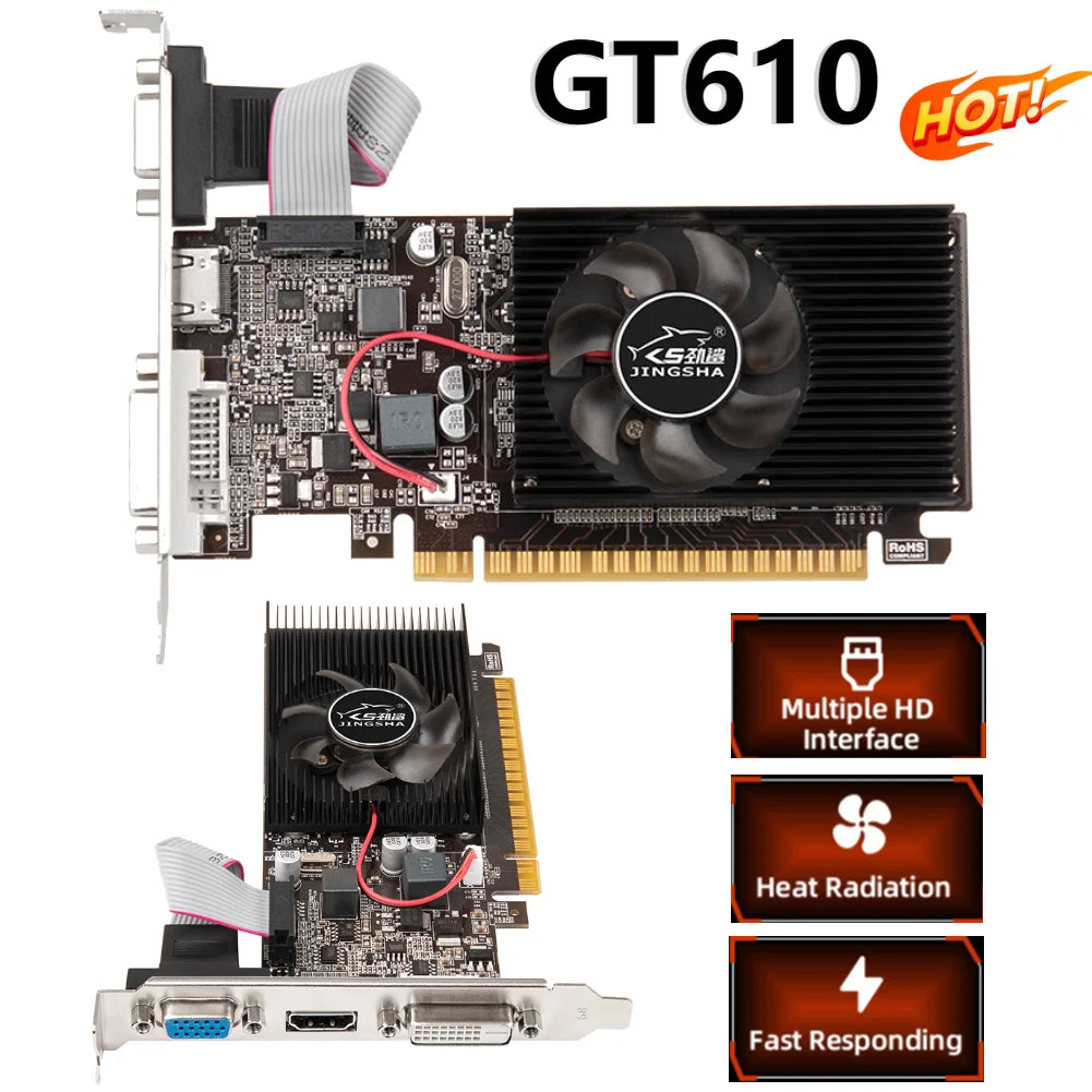 GT610 2/1G Video Card PCIE X16 2.0 NVIDIA GeForce GT 610 DDR3 Graphics Card VGA HD DVI 64Bit 810MHz GT610 GPU Desktop Computer