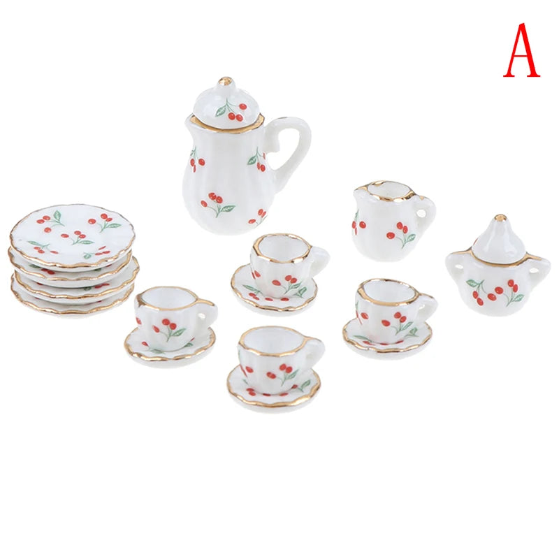 9type 1Set 1/12 Dollhouse Miniature Accessories Mini Ceramic Tea Set Simulation Kettle Plate Cup Model Toy Doll House Decoration