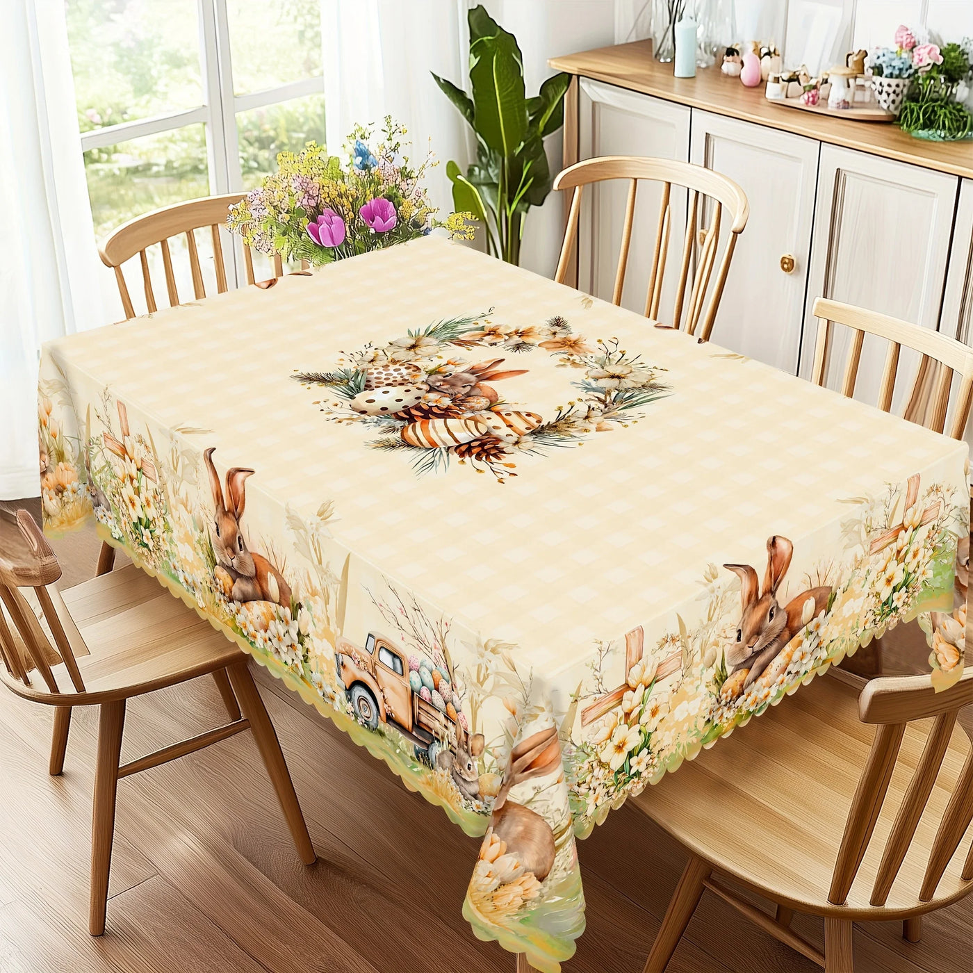 Happy Easter-Themed Waterproof Tablecloth Easter Decorations Spring Bunny Eggs Flowers Farm Truck Table Cloth Dining Table Decor