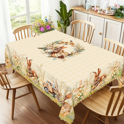 Happy Easter-Themed Waterproof Tablecloth Easter Decorations Spring Bunny Eggs Flowers Farm Truck Table Cloth Dining Table Decor