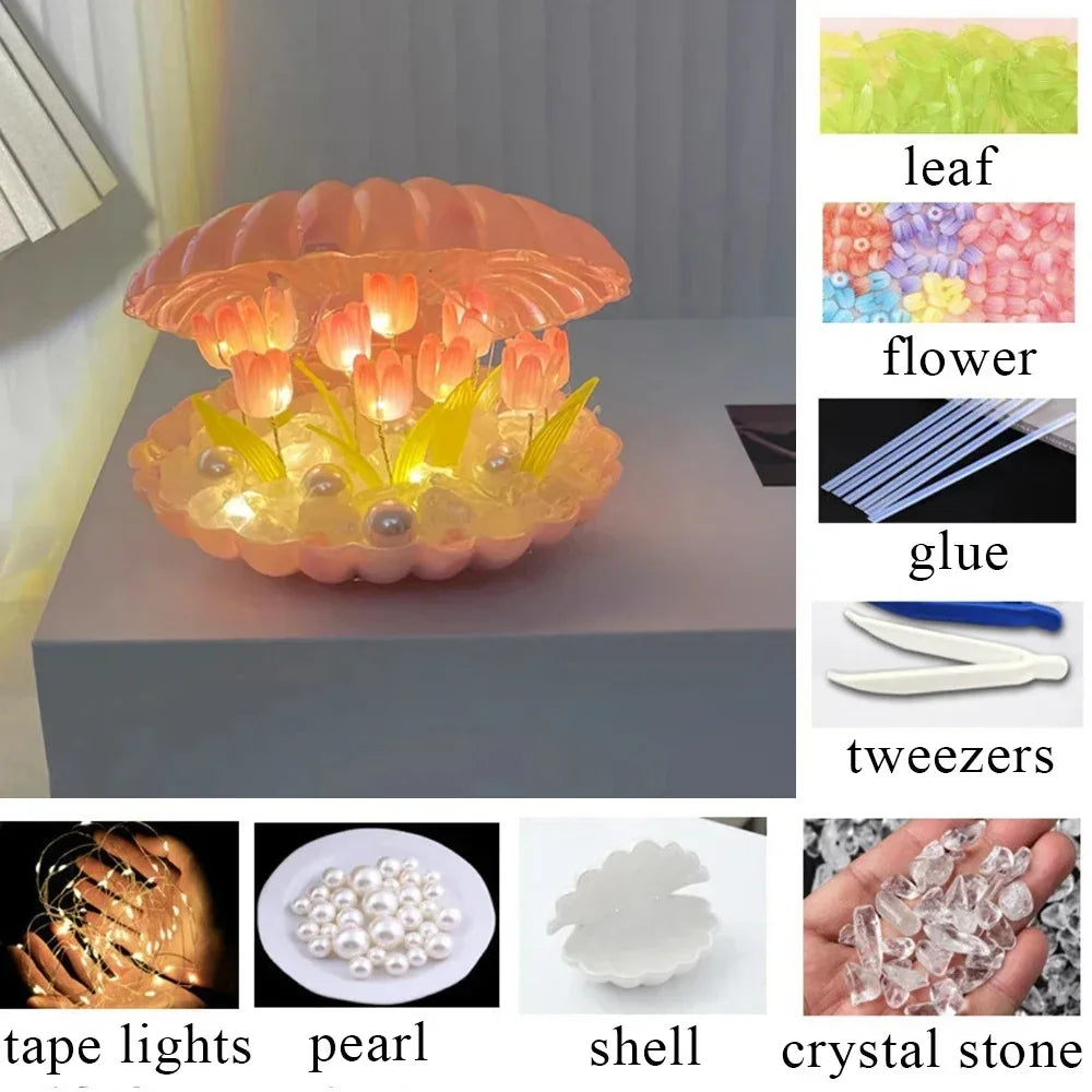 Handmade DIY Ceramic Shell Tulip Small Night Lamp Creative Valentine Christmas Birthday Kids Gift Bedside Table Ambience Light