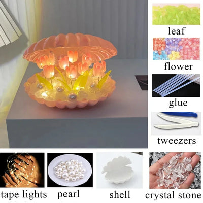 Handmade DIY Ceramic Shell Tulip Small Night Lamp Creative Valentine Christmas Birthday Kids Gift Bedside Table Ambience Light