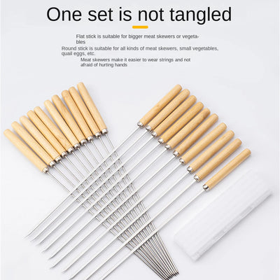 Large Stainless Steel BBQ Skewers Oak Wood Barbecue Grill Forks Long Handle Flat Kebab Skewer BBQ Accessories Tool
