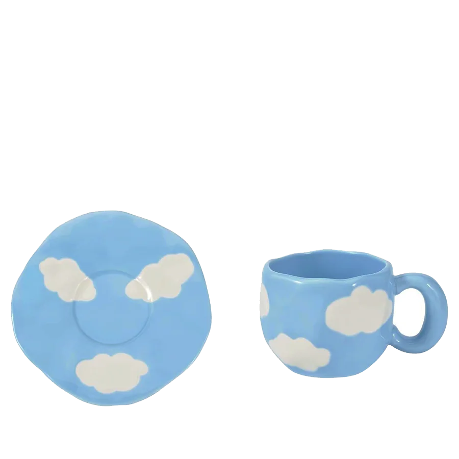 Creative underglaze hand-painted white cloud coffee cup and saucer hand-shaped irregular cloud ceramic cup and saucer