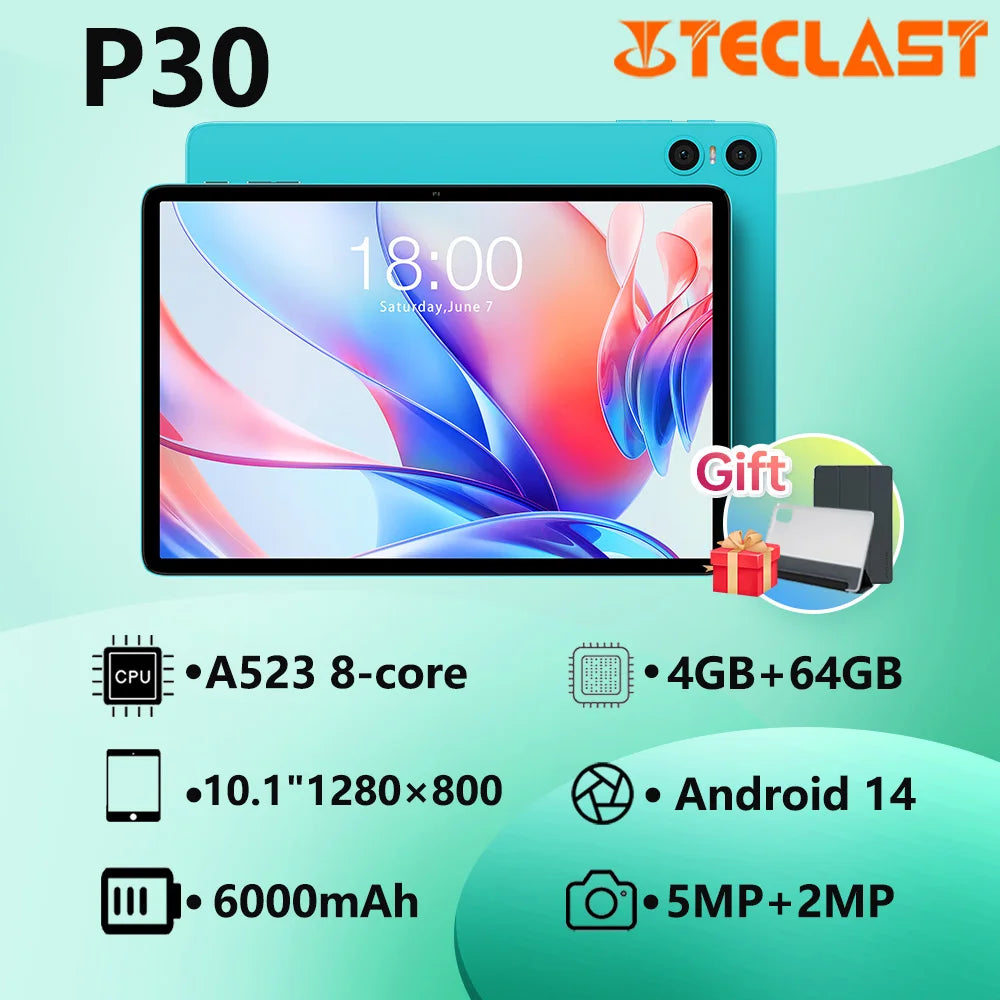 Teclast P30 Tablet  Allwinner  1.6GHz/ 4GBRAM/64GB ROM/10.1inch 1280×800iPS/WIFI/6000mAh/Type-C/5MP+2MP Camera/Android 14)