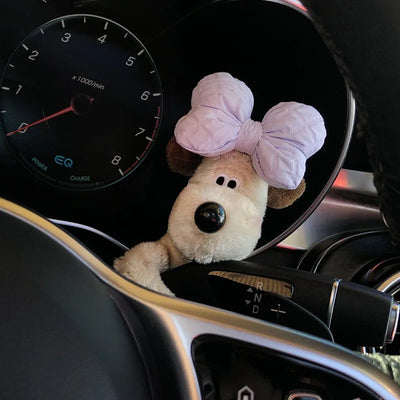 PLUSH PUPPY CAR WIPER ORNAMENT – CUTE BOWKNOT DOG DECORATION FOR TURN SIGNAL & DASHBOARD