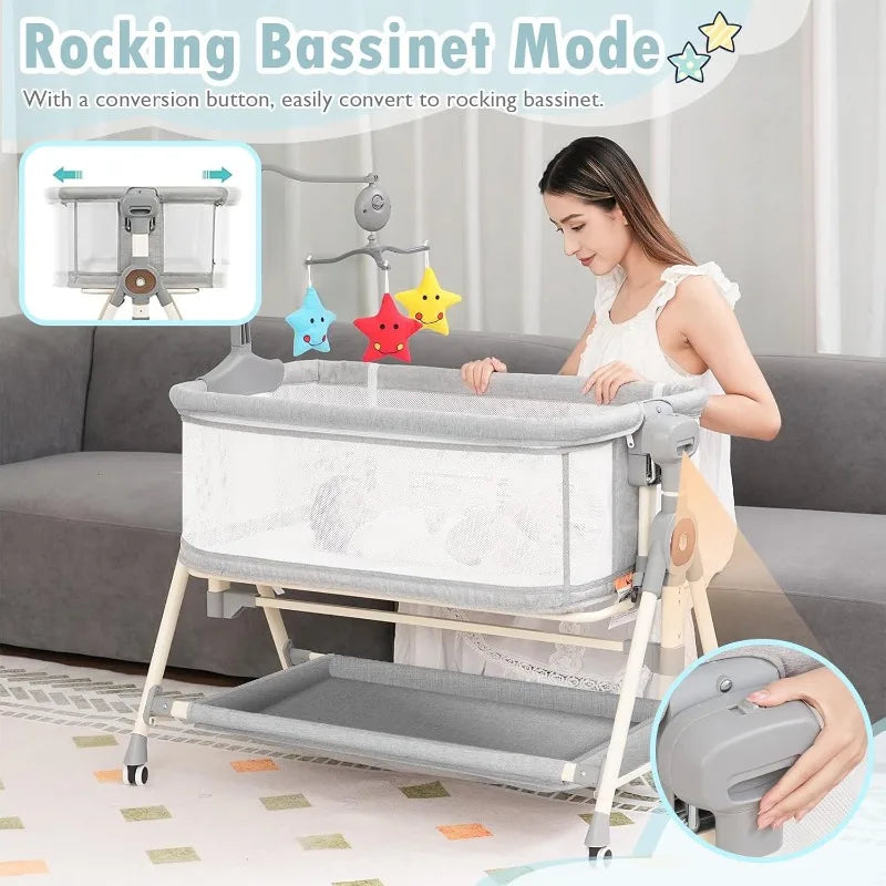 3 IN 1 BABY ROCKING BASSINET BEDSIDE SLEEPER WITH MUSICAL TOYS – CONVERTIBLE CRIB FOR NEWBORNS AND INFANTS