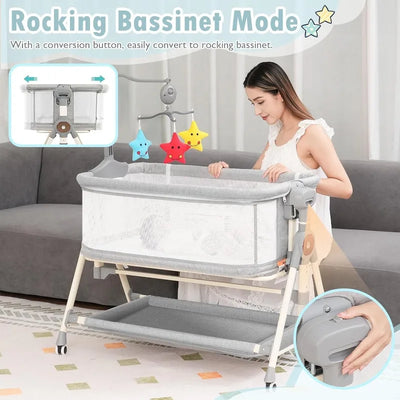 3 IN 1 BABY ROCKING BASSINET BEDSIDE SLEEPER WITH MUSICAL TOYS – CONVERTIBLE CRIB FOR NEWBORNS AND INFANTS