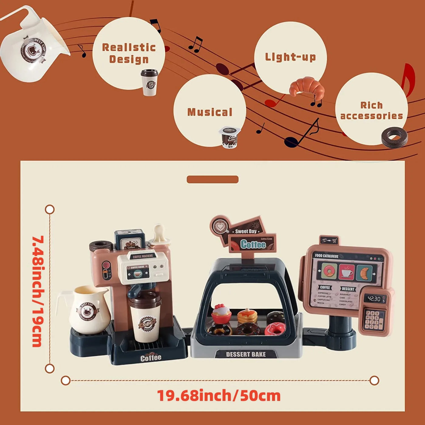 3 in 1 Toy Coffee Maker Machine and Cash Register Kit with Sound Light
