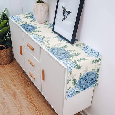 Blue Hydrangea Eucalyptus Plants Linen Table Runners Party Decor Farmhouse Kitchen Dining Table Runners Wedding Decorations
