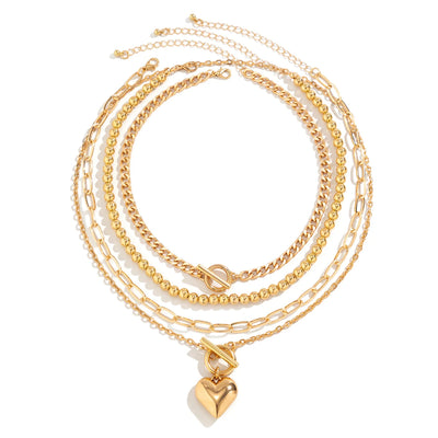 4Pcs/Set Punk Gold Color Heart Pendant Necklace for Women 2024 Trendy OT Buckle Beaded Neck Chain Choker Y2K Jewelry Accessories