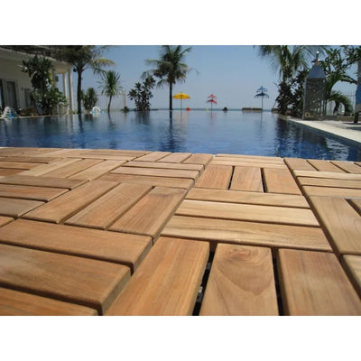 Solid Teak Wood Interlocking Flooring Tiles (Pack of 10), 12" x 12", Brown, 8 Corner Piece