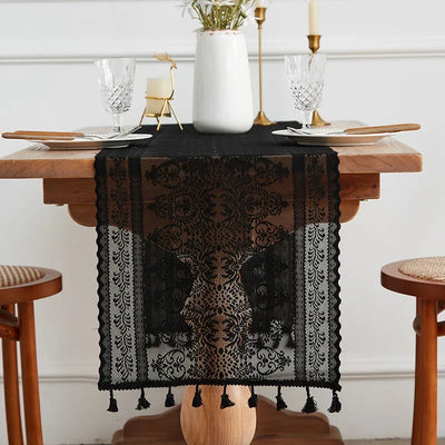 White Lace Table Runner INS Table Flag Dust Cover Wedding Dining Tables Cover Embroidered Floral Table Runner with Tassel