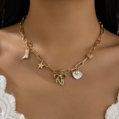 Charm Necklace for Women Shell Cross Necklaces Gold Charms Pendant Boho Summer Seashell Ocean Beach 14K Starfish Surfer