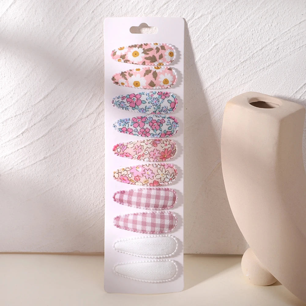 10Pcs/Lot Fresh Print Cotton Alloy Hair Clips for Kids Fabric Plaid BB Hairpins Girl Hairgripe Headwear Baby Hair Accessories