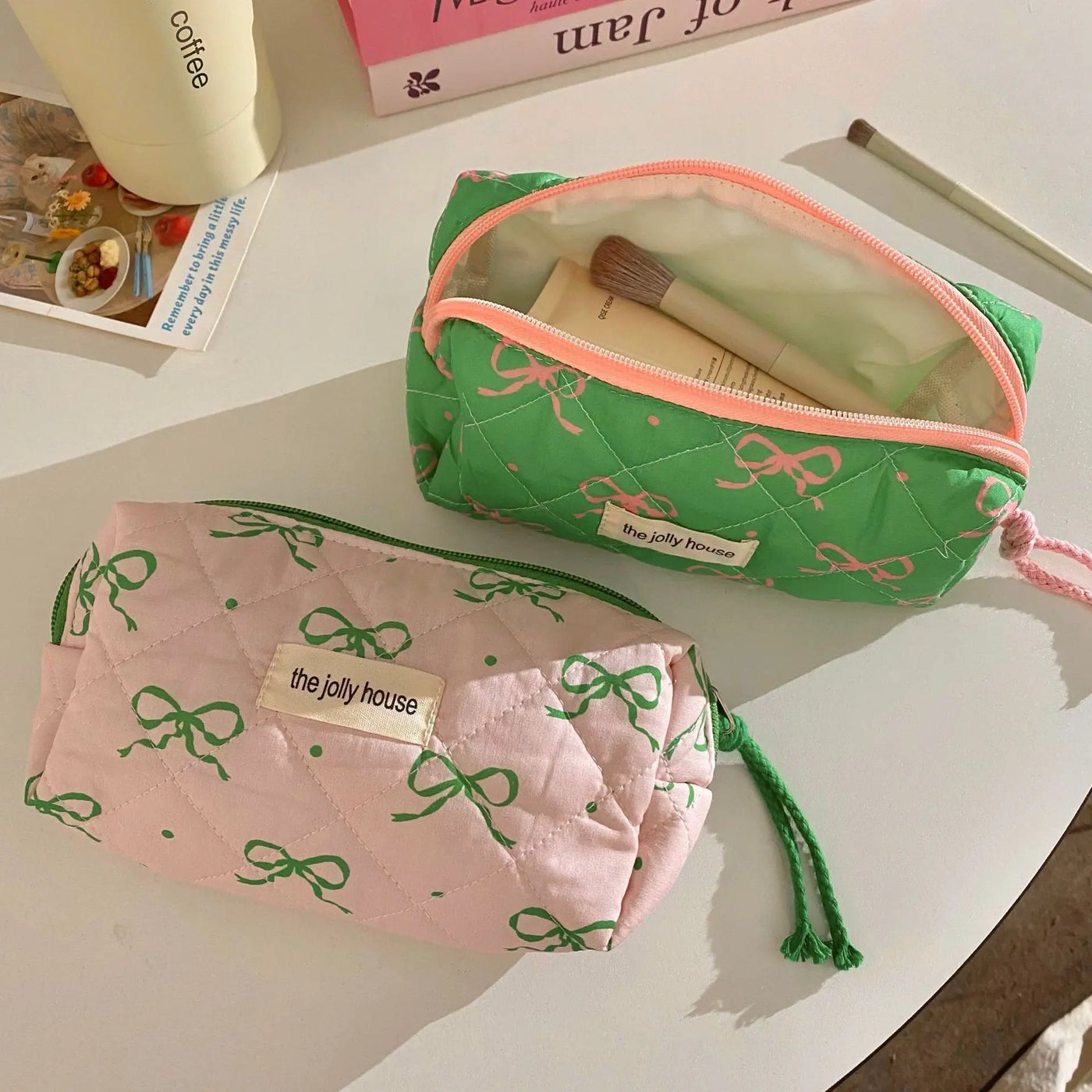 Green Pink Contrasting Bow Makeup Bag Large Capacity Portable Travel Toiletry Bag Storage Bag