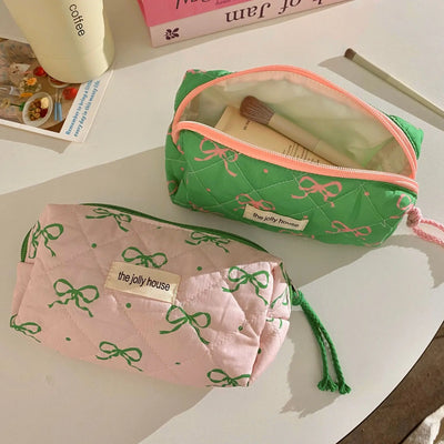 Green Pink Contrasting Bow Makeup Bag Large Capacity Portable Travel Toiletry Bag Storage Bag