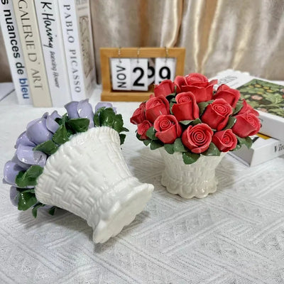 Handmade Ceramic Flowers Ornament Handheld Flower Intangible Cultural Heritage Ceramic Lily Rose Flowers Home Desk Decoration