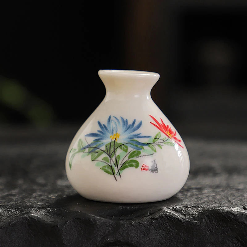 Retro White Chinese Style Mini Ceramic Vase Niche Home Dry Ice Kettle Ornament DIY Decoration Miniatures Flower Vase Crafts Gift