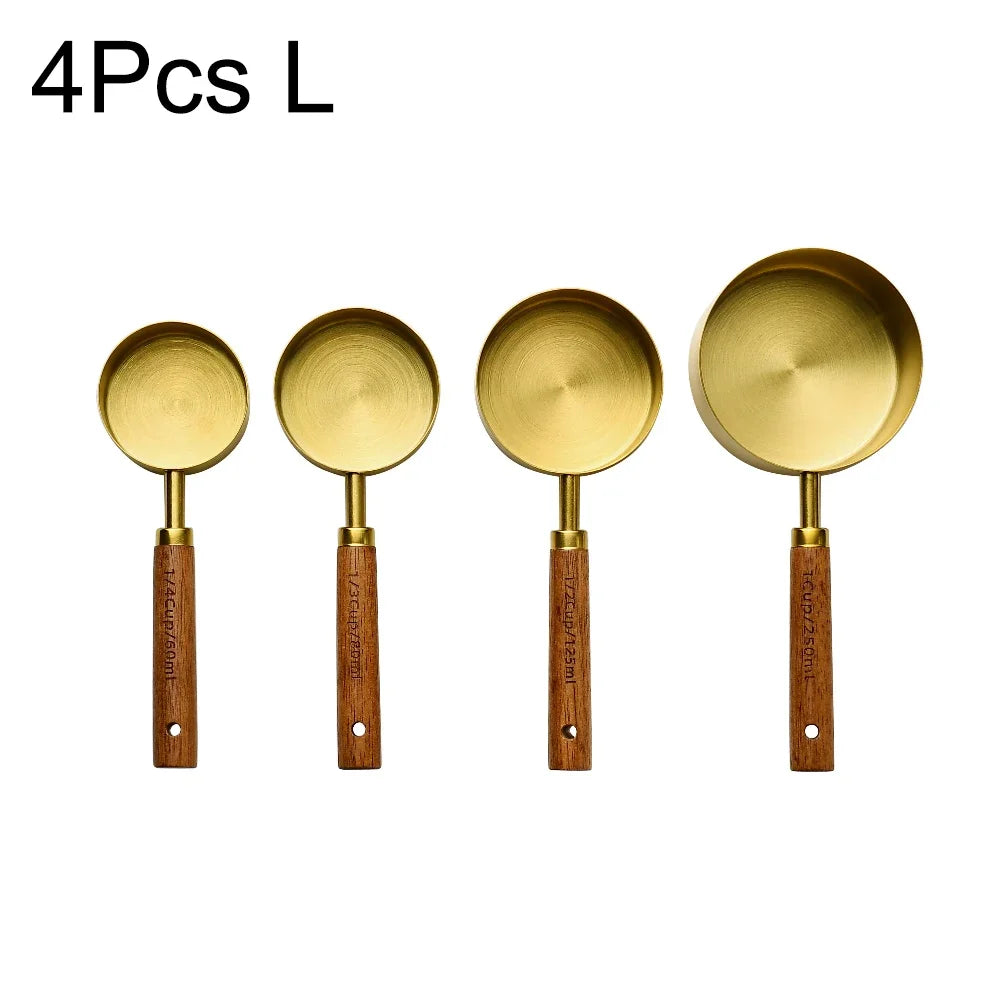 4/8Pcs Black Wooden Handle Stainless Steel Measuring Cups Spoons Baking Tools Coffee Bartending Scale Kitchen Accessories Set