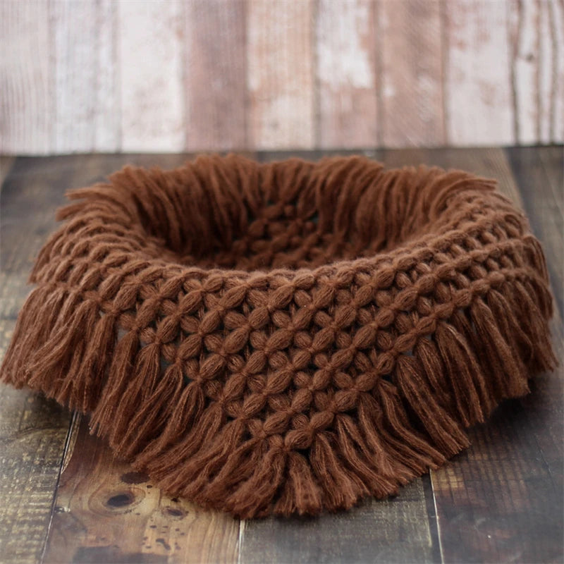 Newborn Baby Photography Blanket Basket Filler Mohair Knitted Mat 50cm Square Rug Photo Props Cushion Tassels Decoration Blanket