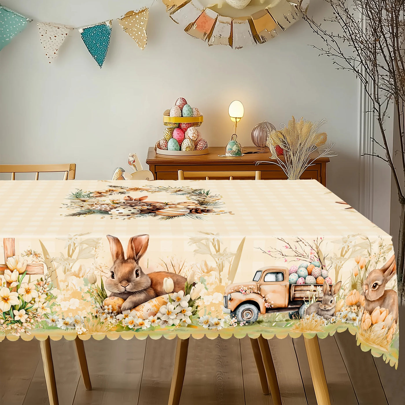 Happy Easter-Themed Waterproof Tablecloth Easter Decorations Spring Bunny Eggs Flowers Farm Truck Table Cloth Dining Table Decor