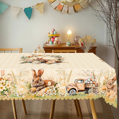 Happy Easter-Themed Waterproof Tablecloth Easter Decorations Spring Bunny Eggs Flowers Farm Truck Table Cloth Dining Table Decor