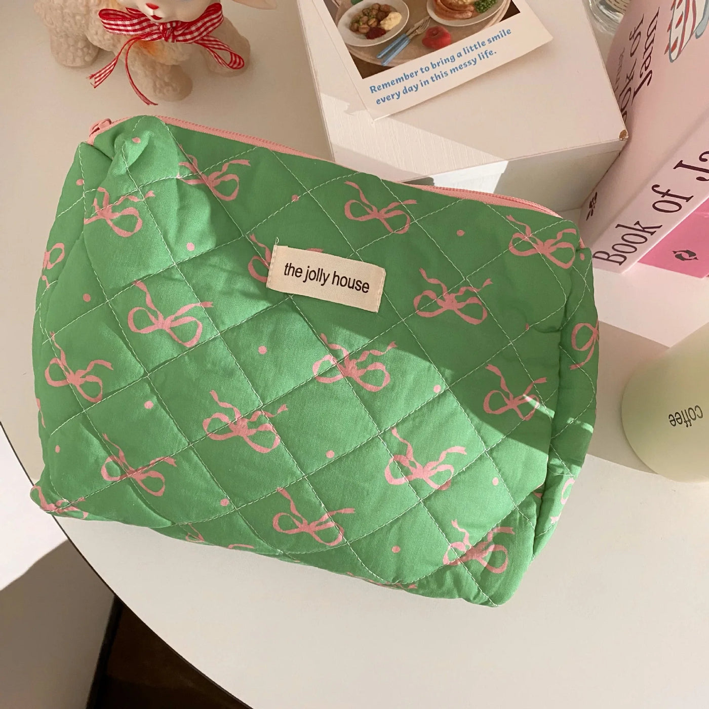 Green Pink Contrasting Bow Makeup Bag Large Capacity Portable Travel Toiletry Bag Storage Bag