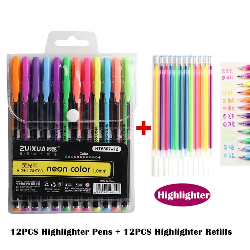 12/24Pcs Metallic Glitter Colors Gel Pens For School Office Adult Coloring Book Journals Drawing Art Markers Promotion Pen
