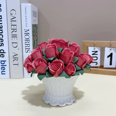 Handmade Ceramic Flowers Ornament Handheld Flower Intangible Cultural Heritage Ceramic Lily Rose Flowers Home Desk Decoration