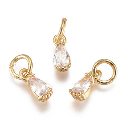 20pcs Small Brass Cubic Zirconia Charms with Jump Ring Real 18K Gold Plated Faceted Teardrop Pendants for Jewelry Making 8x3x3mm