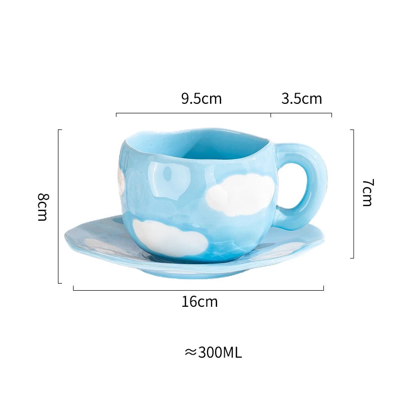 Creative Ceramic mug Hand-painted Flower Clouds Coffee Cup with Saucer Irregular Handmade Cup Breakfast Milk Tea Cups Gift Set