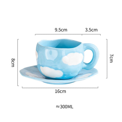 Creative Ceramic mug Hand-painted Flower Clouds Coffee Cup with Saucer Irregular Handmade Cup Breakfast Milk Tea Cups Gift Set