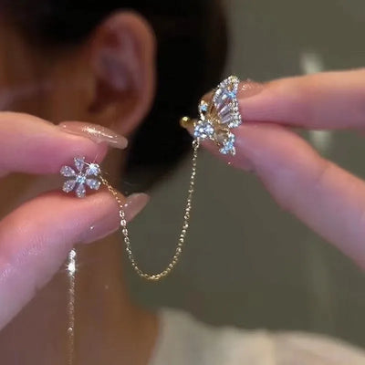 Sparkling Zircon Flower Butterfly Ear Bone Clip for Women Without Piercing Tassel Ear Cuff Clip Earrings Wedding Jewelry