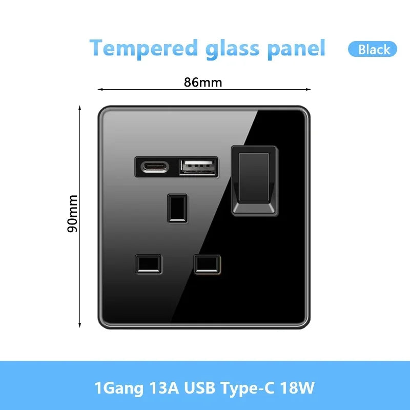 Black UK 18W Type-C Quick charge Socket Universal Double 3pin USB Power Outlet,220V Electrical Wall LED Light 2way Switch TV TEL