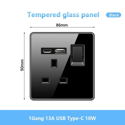 Black UK 18W Type-C Quick charge Socket Universal Double 3pin USB Power Outlet,220V Electrical Wall LED Light 2way Switch TV TEL
