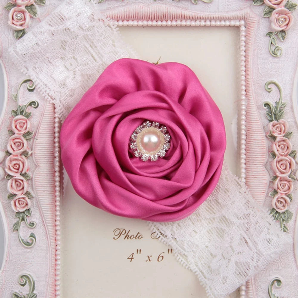 1PCS Baby Girls Rose Flower Headband with Pearl Rhinestone Center Soft Lace Bands Newborn Infant Toddler Kids Hair Accessories