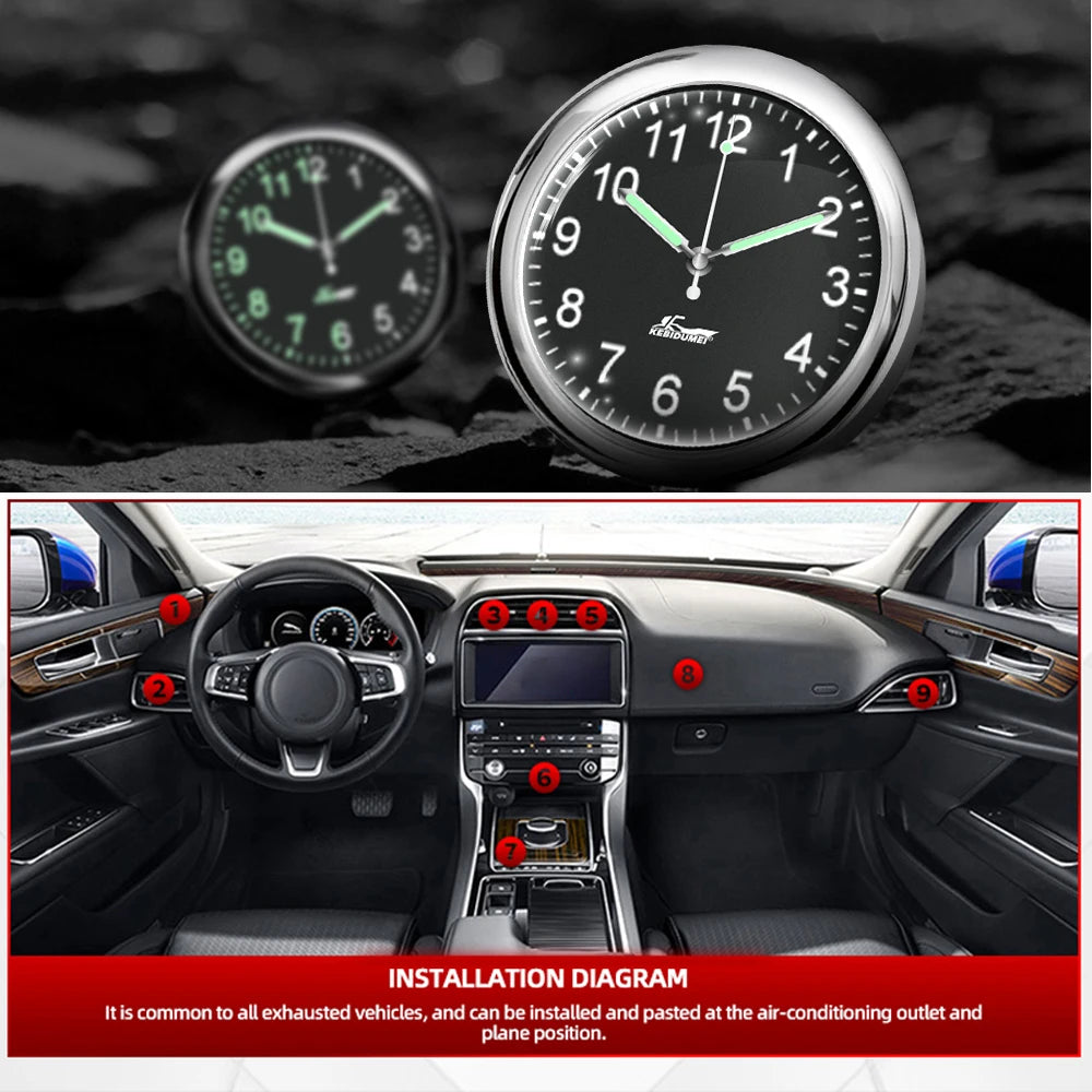 LUMINOUS MINI QUARTZ CAR CLOCK – STICK-ON DIGITAL WATCH ORNAMENT FOR AUTO INTERIOR