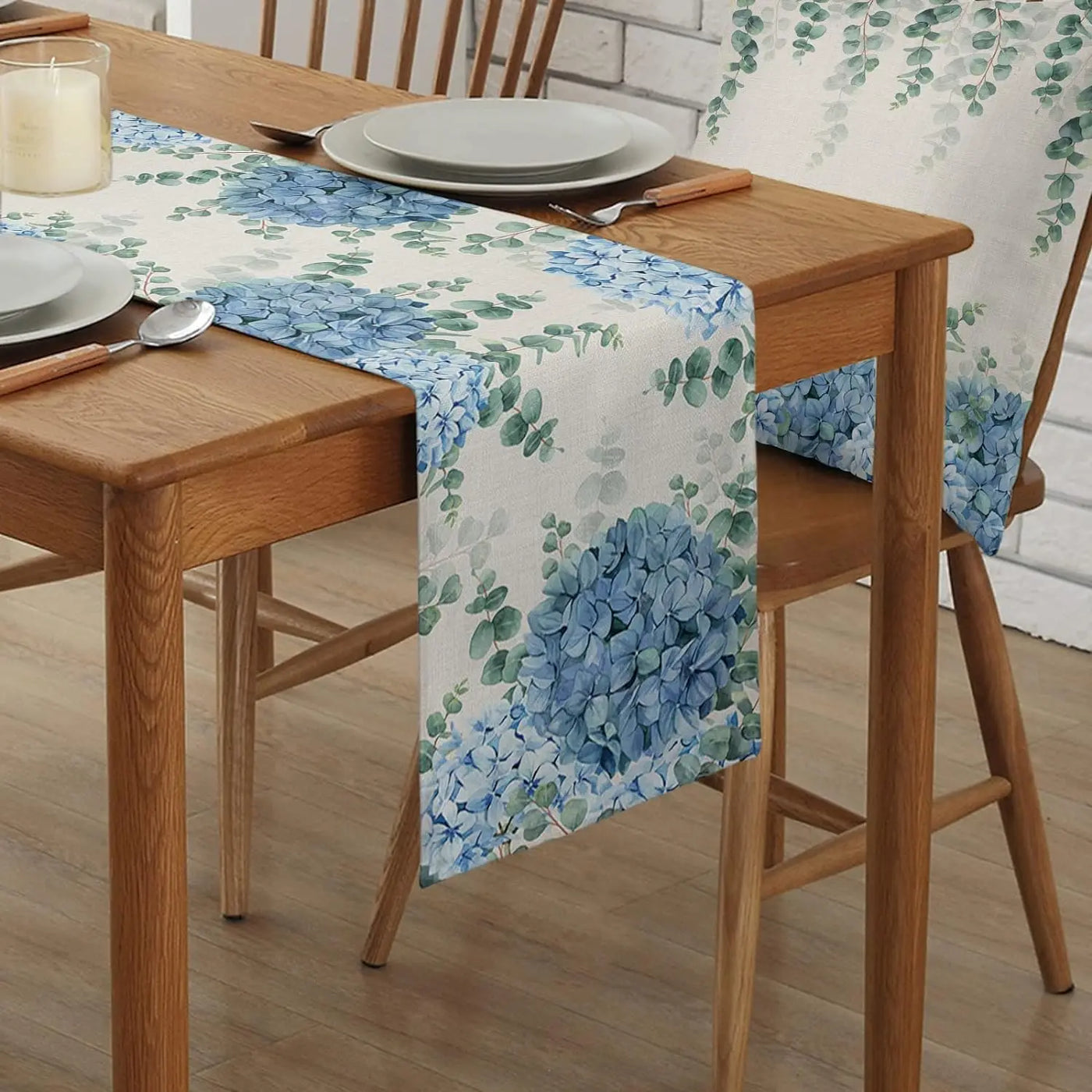 Blue Hydrangea Eucalyptus Plants Linen Table Runners Party Decor Farmhouse Kitchen Dining Table Runners Wedding Decorations