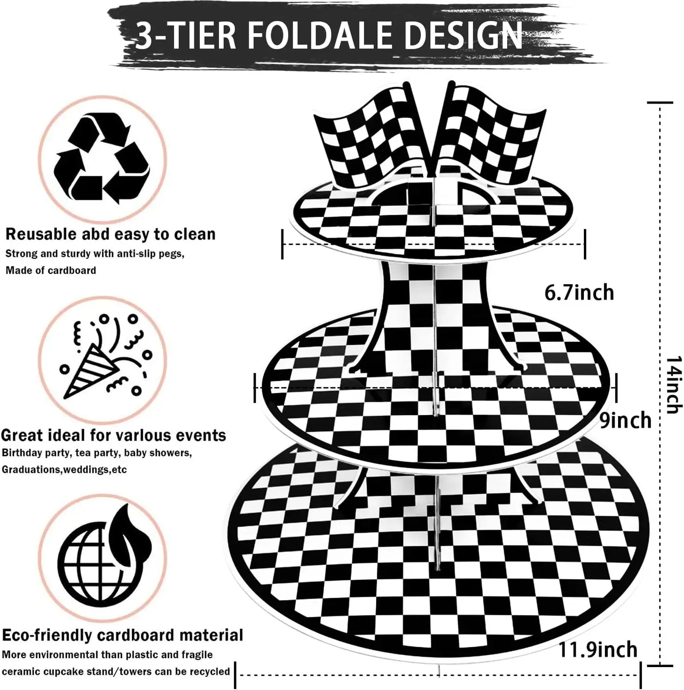 Racing Car Theme 3-Tier Round Cardboard Cupcake Stand  Cars Birthday Party Tablecloth Black and White Checkered Decor Supplies