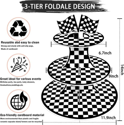 Racing Car Theme 3-Tier Round Cardboard Cupcake Stand  Cars Birthday Party Tablecloth Black and White Checkered Decor Supplies